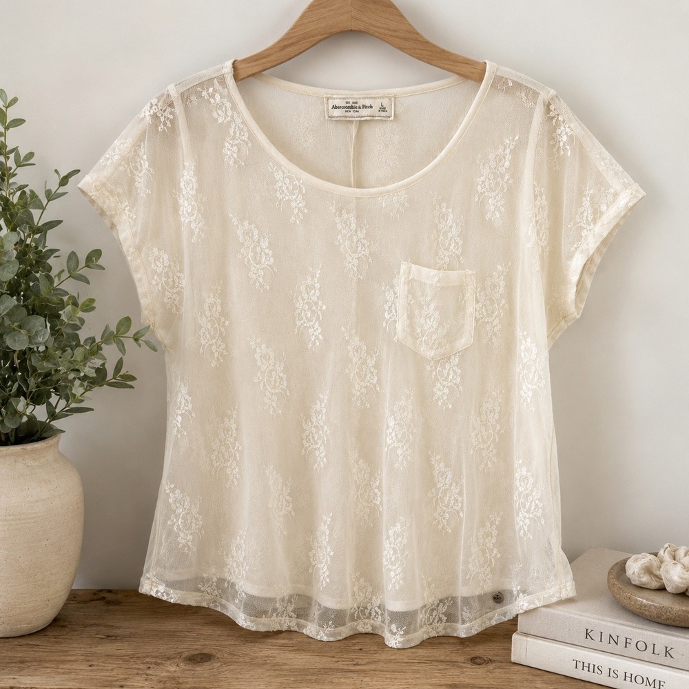 Abercrombie & Fitch Lace Mesh top Womens L Ivory Sheer Embroidered Boho Coquette